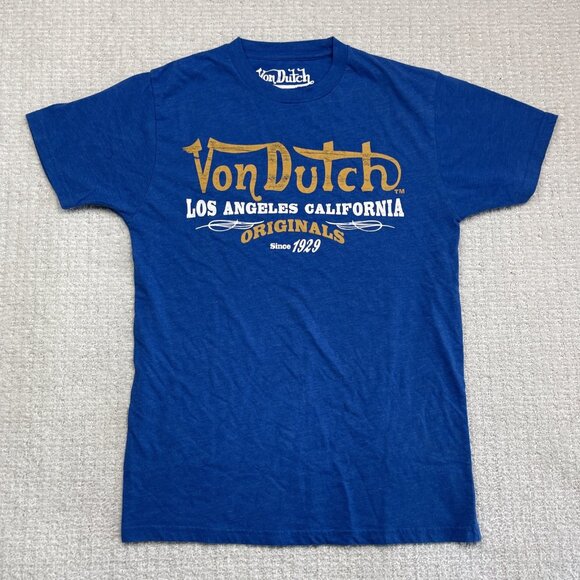 Von Dutch Vintage Original Big Logo Y2K  T-shirt Mens S Blue LA 1929 Read - Picture 1 of 15